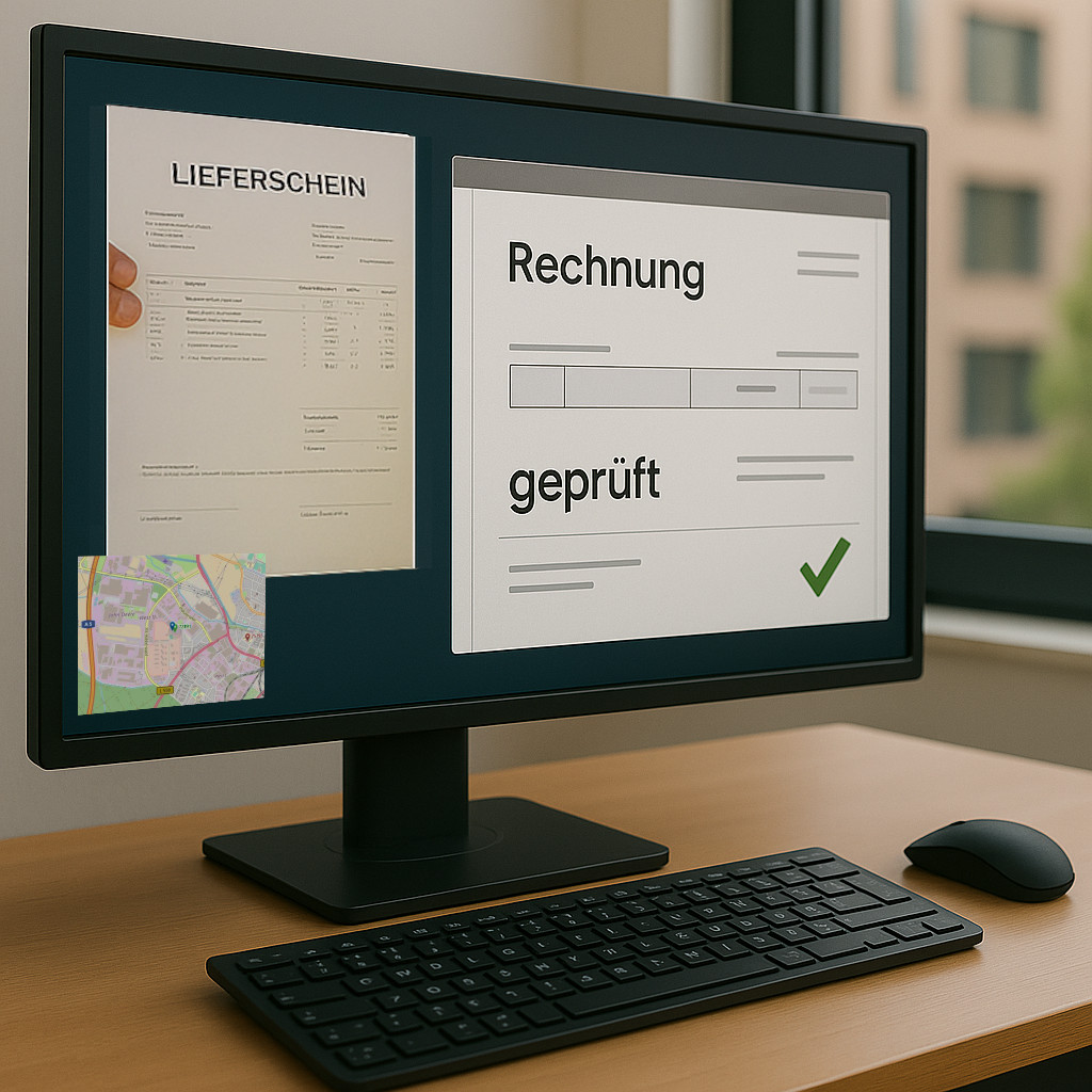 PC-Bildschirm mit empfangenem Lieferschein und zugeordneter Rechnung